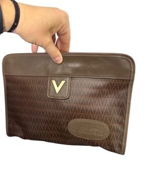 Mario Valentino Brown Leather-Trim Hinge Clutch